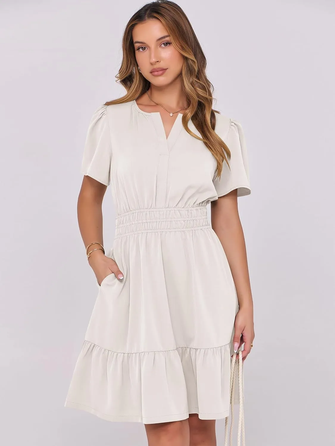 ANRABESS Womens 2025 Summer Casual Short Dress V Neck Short Sleeve Floral A-Line High Waist Boho Cute Vacation Beach Dresses