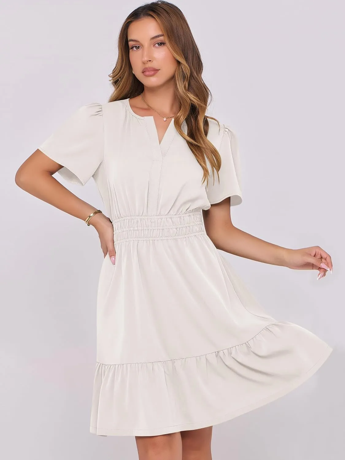 ANRABESS Womens 2025 Summer Casual Short Dress V Neck Short Sleeve Floral A-Line High Waist Boho Cute Vacation Beach Dresses