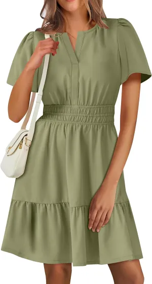 ANRABESS Womens 2025 Summer Casual Short Dress V Neck Short Sleeve Floral A-Line High Waist Boho Cute Vacation Beach Dresses
