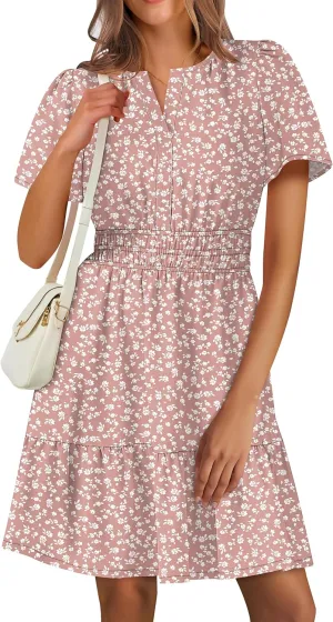 ANRABESS Womens 2025 Summer Casual Short Dress V Neck Short Sleeve Floral A-Line High Waist Boho Cute Vacation Beach Dresses