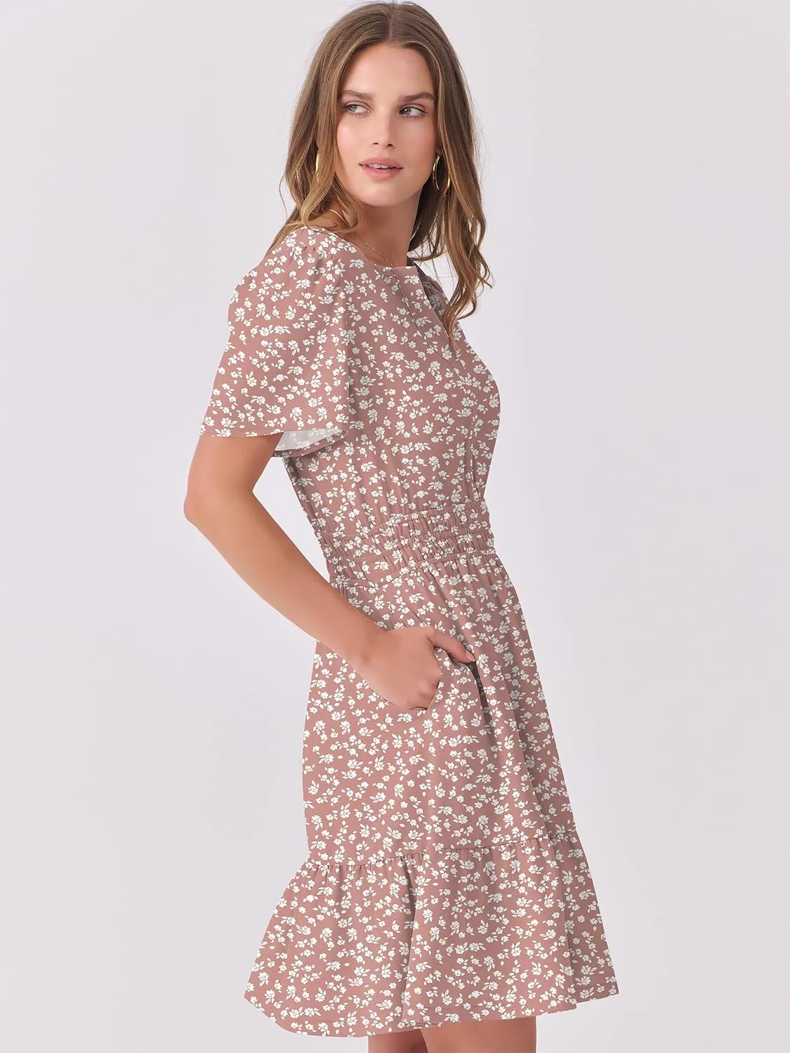 ANRABESS Womens 2025 Summer Casual Short Dress V Neck Short Sleeve Floral A-Line High Waist Boho Cute Vacation Beach Dresses