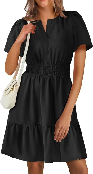 ANRABESS Womens 2025 Summer Casual Short Dress V Neck Short Sleeve Floral A-Line High Waist Boho Cute Vacation Beach Dresses