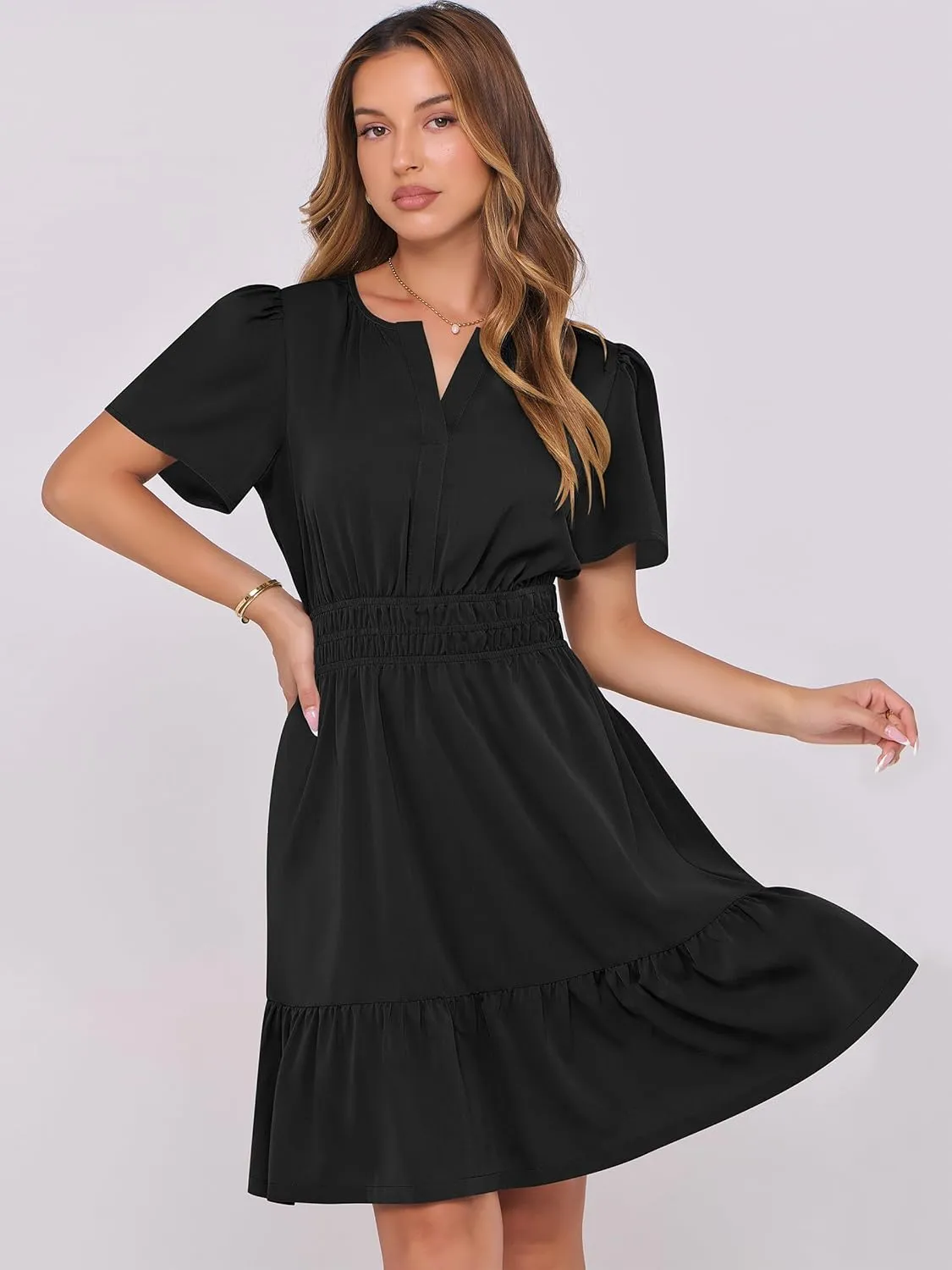 ANRABESS Womens 2025 Summer Casual Short Dress V Neck Short Sleeve Floral A-Line High Waist Boho Cute Vacation Beach Dresses