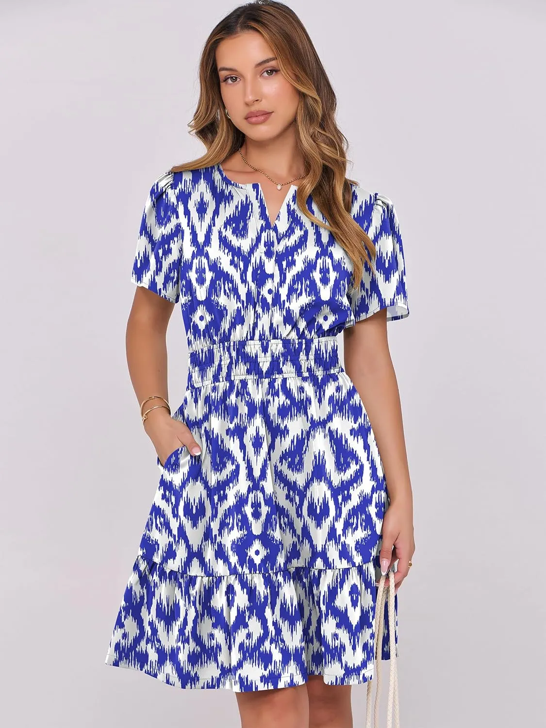 ANRABESS Womens 2025 Summer Casual Short Dress V Neck Short Sleeve Floral A-Line High Waist Boho Cute Vacation Beach Dresses