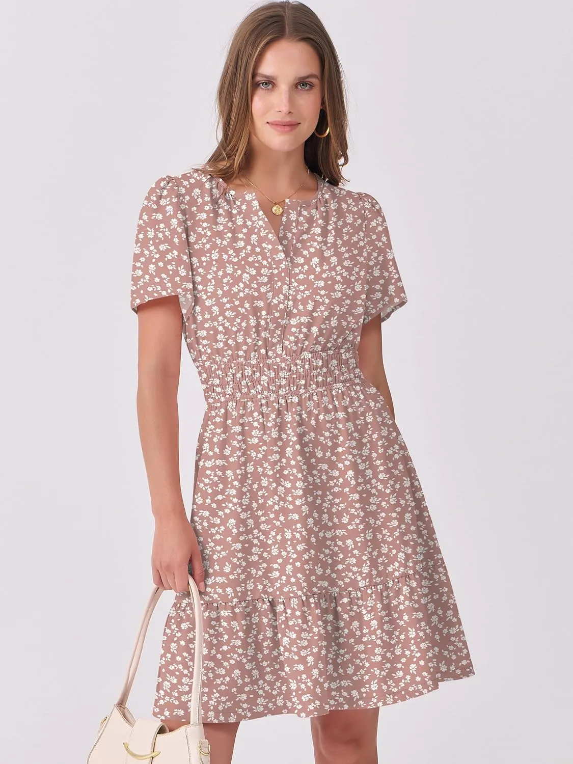 ANRABESS Womens 2025 Summer Casual Short Dress V Neck Short Sleeve Floral A-Line High Waist Boho Cute Vacation Beach Dresses