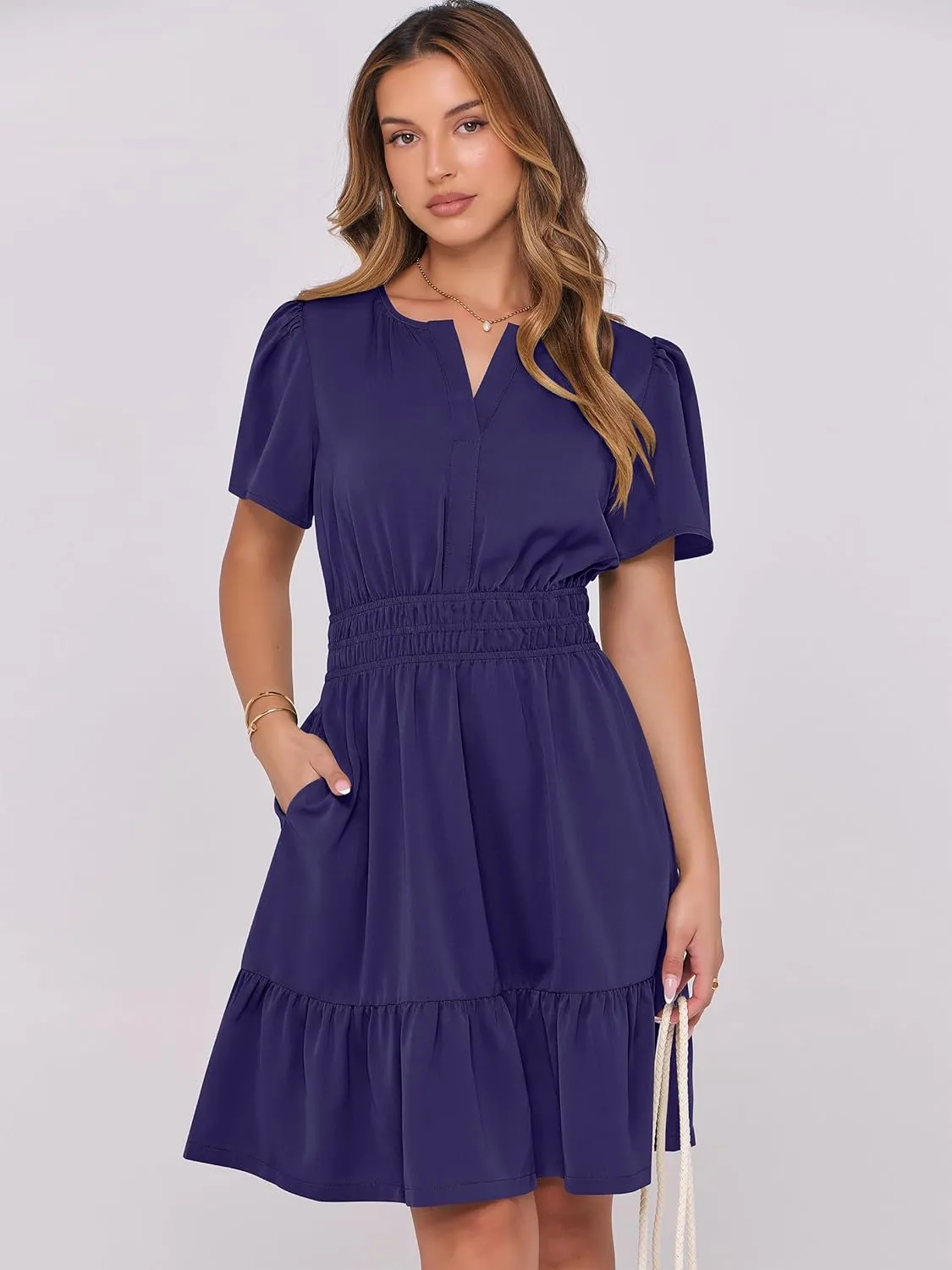 ANRABESS Womens 2025 Summer Casual Short Dress V Neck Short Sleeve Floral A-Line High Waist Boho Cute Vacation Beach Dresses
