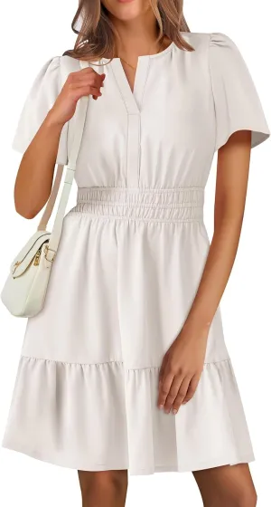 ANRABESS Womens 2025 Summer Casual Short Dress V Neck Short Sleeve Floral A-Line High Waist Boho Cute Vacation Beach Dresses