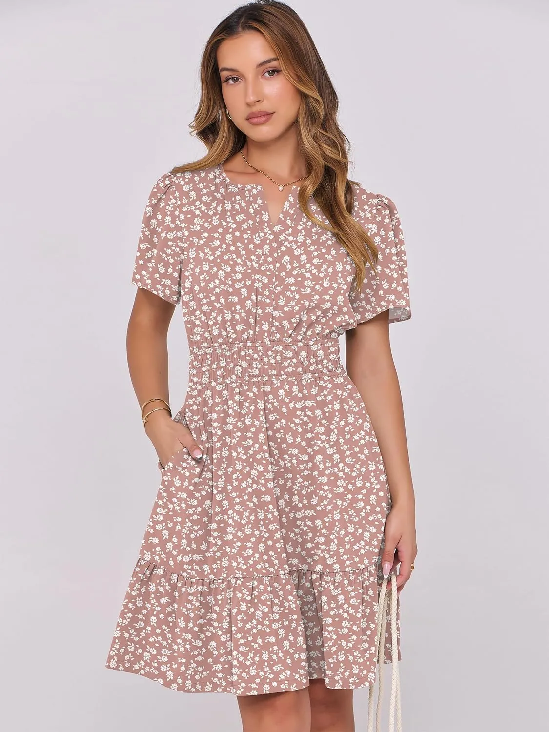 ANRABESS Womens 2025 Summer Casual Short Dress V Neck Short Sleeve Floral A-Line High Waist Boho Cute Vacation Beach Dresses