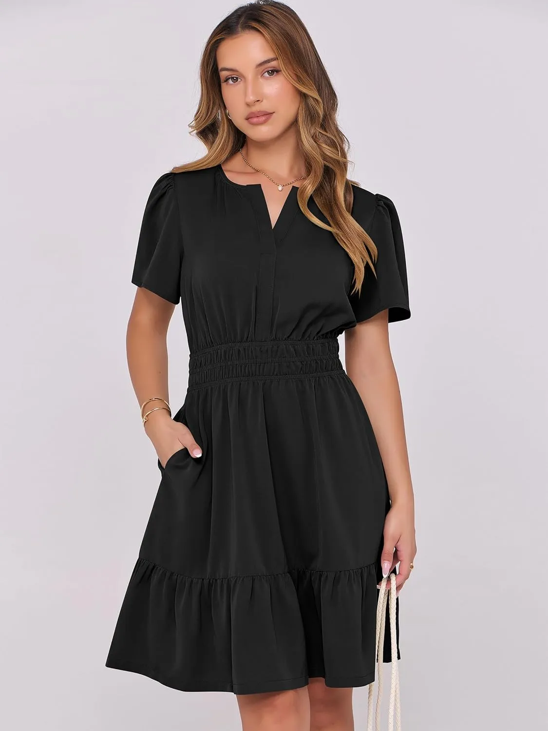 ANRABESS Womens 2025 Summer Casual Short Dress V Neck Short Sleeve Floral A-Line High Waist Boho Cute Vacation Beach Dresses