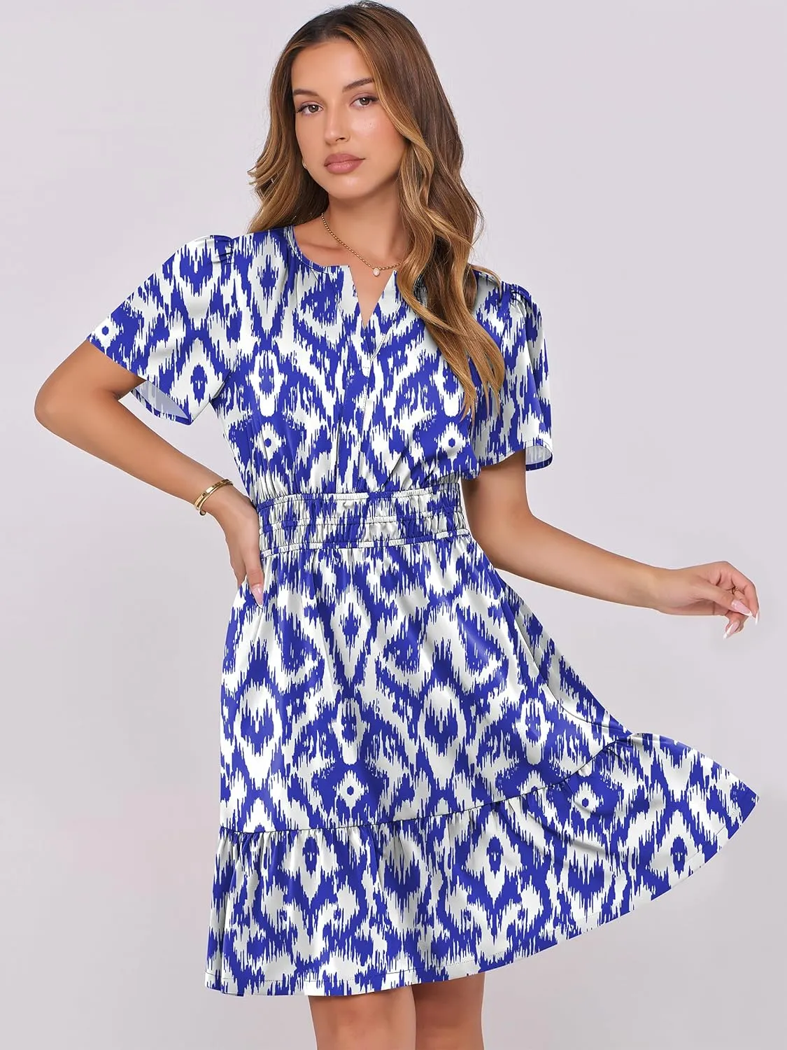 ANRABESS Womens 2025 Summer Casual Short Dress V Neck Short Sleeve Floral A-Line High Waist Boho Cute Vacation Beach Dresses