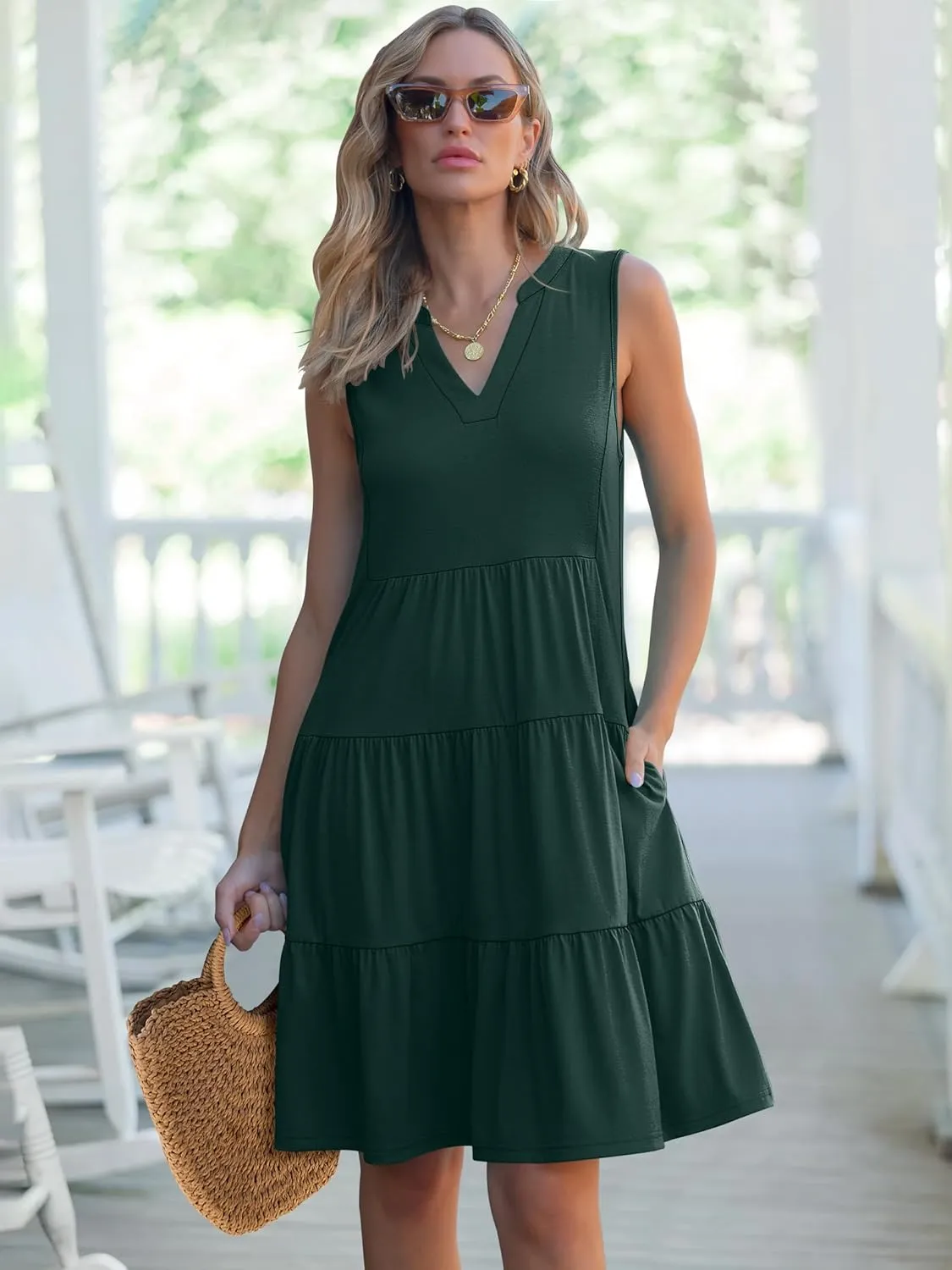 ANRABESS Womens Mini Dresses Sleeveless V Neck Tiered Swing Going Out Beach Vacation Sundress 2025 Summer Casual Outfits
