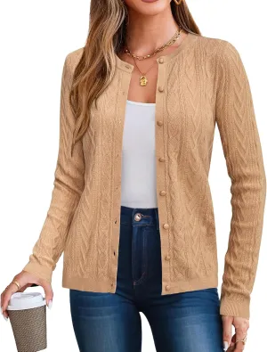 Arach&Cloz Womens 2025 Cable Knit Cardigan Long Sleeve Button Down Casual Sweater Lightweight Crew Neck Soft Spring Top