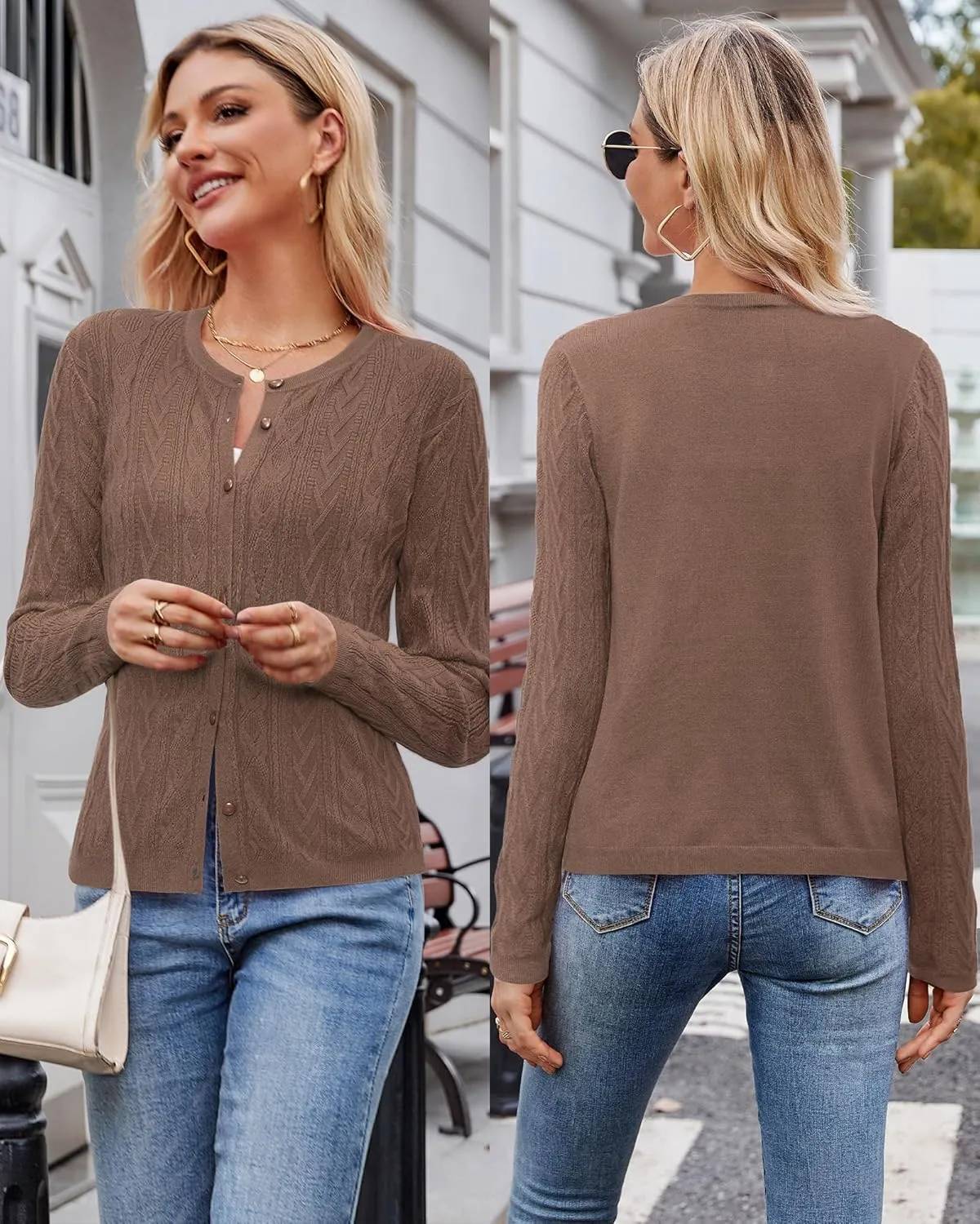 Arach&Cloz Womens 2025 Cable Knit Cardigan Long Sleeve Button Down Casual Sweater Lightweight Crew Neck Soft Spring Top