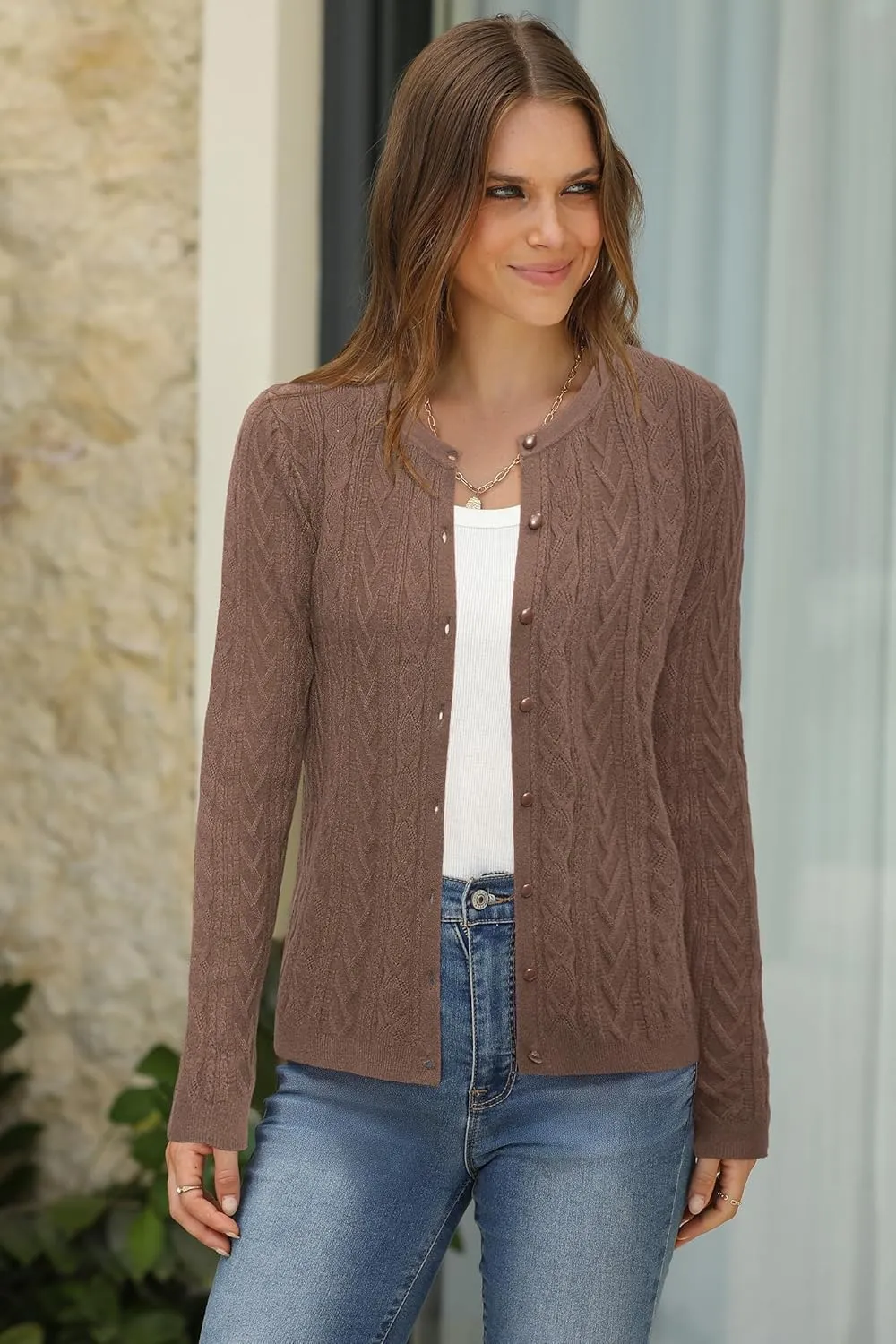 Arach&Cloz Womens 2025 Cable Knit Cardigan Long Sleeve Button Down Casual Sweater Lightweight Crew Neck Soft Spring Top