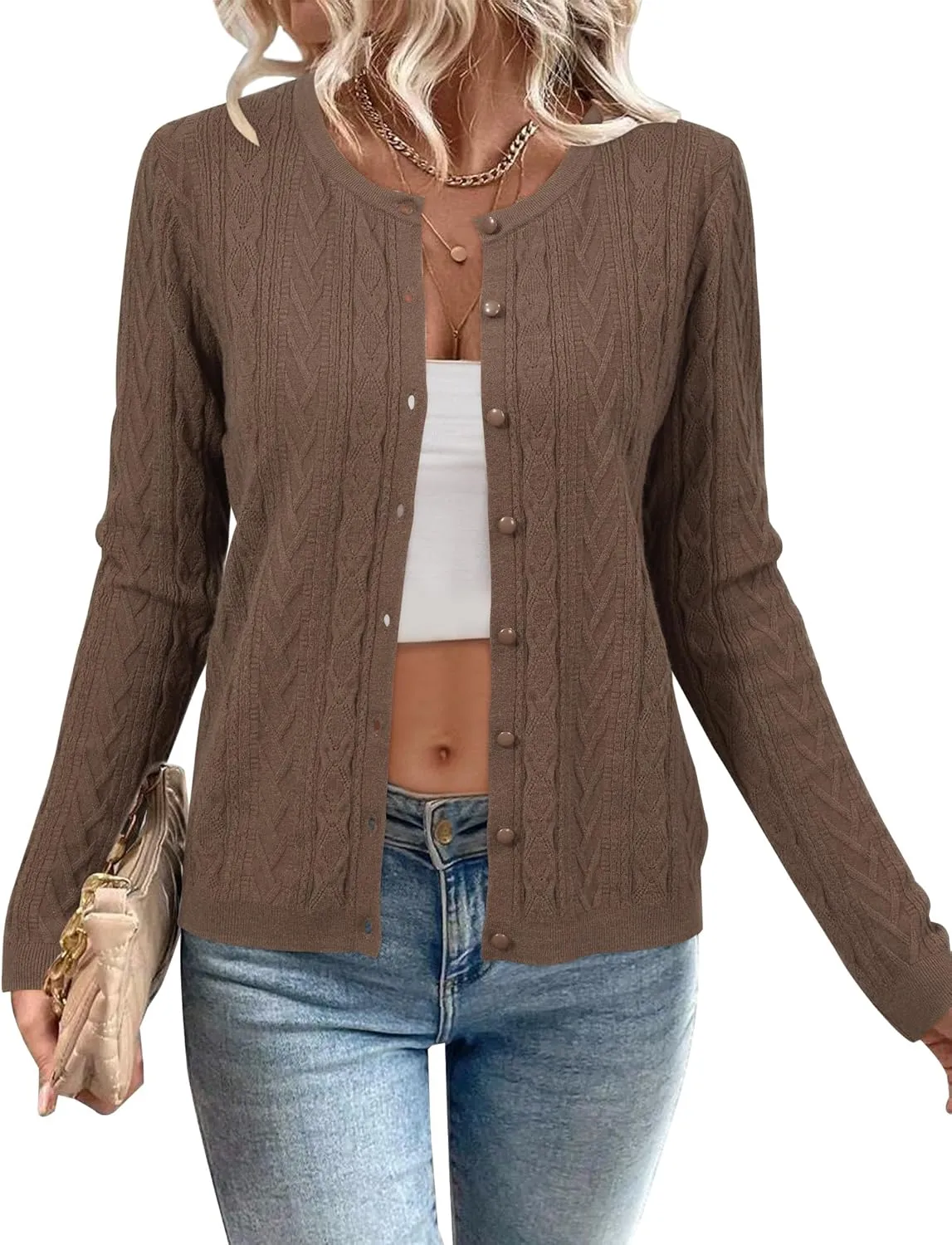 Arach&Cloz Womens 2025 Cable Knit Cardigan Long Sleeve Button Down Casual Sweater Lightweight Crew Neck Soft Spring Top