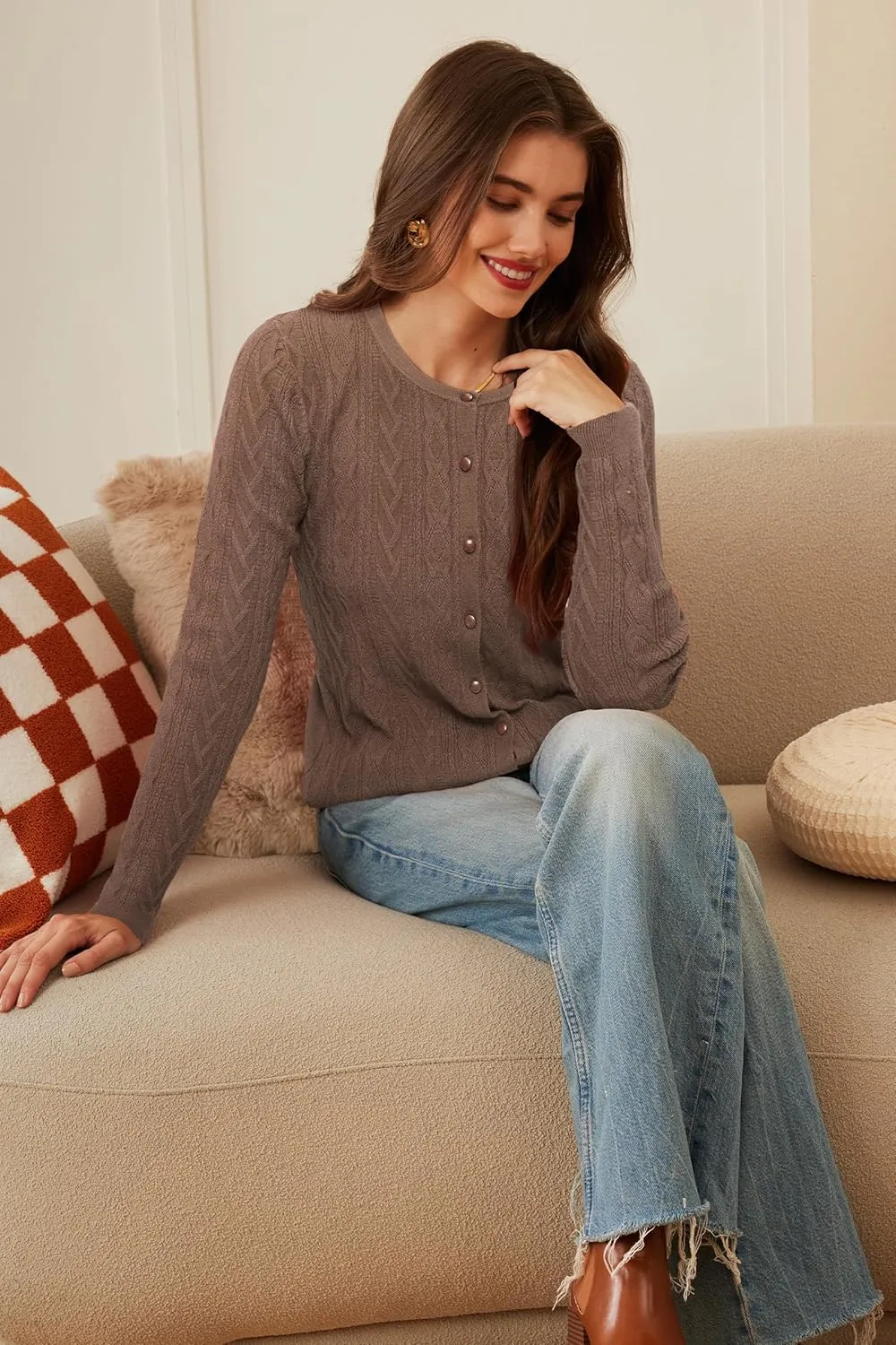 Arach&Cloz Womens 2025 Cable Knit Cardigan Long Sleeve Button Down Casual Sweater Lightweight Crew Neck Soft Spring Top