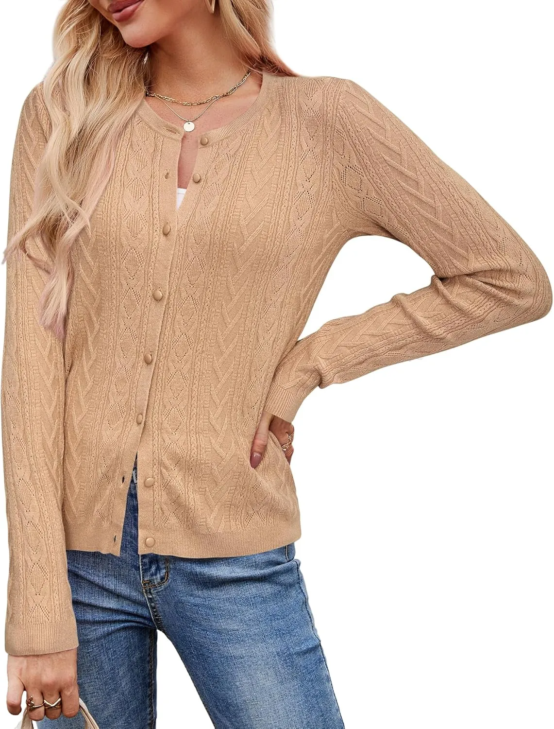 Arach&Cloz Womens 2025 Cable Knit Cardigan Long Sleeve Button Down Casual Sweater Lightweight Crew Neck Soft Spring Top