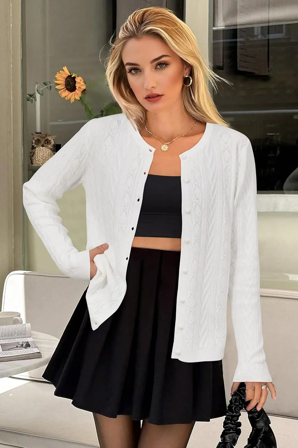 Arach&Cloz Womens 2025 Cable Knit Cardigan Long Sleeve Button Down Casual Sweater Lightweight Crew Neck Soft Spring Top