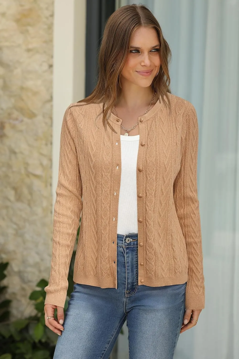 Arach&Cloz Womens 2025 Cable Knit Cardigan Long Sleeve Button Down Casual Sweater Lightweight Crew Neck Soft Spring Top