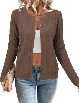 Arach&Cloz Womens 2025 Cable Knit Cardigan Long Sleeve Button Down Casual Sweater Lightweight Crew Neck Soft Spring Top