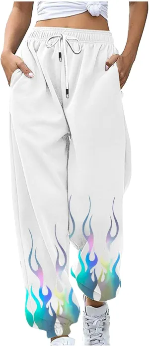 Athletic Pants Women Flame Printing Sweatpants Loose Trousers with Pockets High Waist Workout Running Jogger Pants