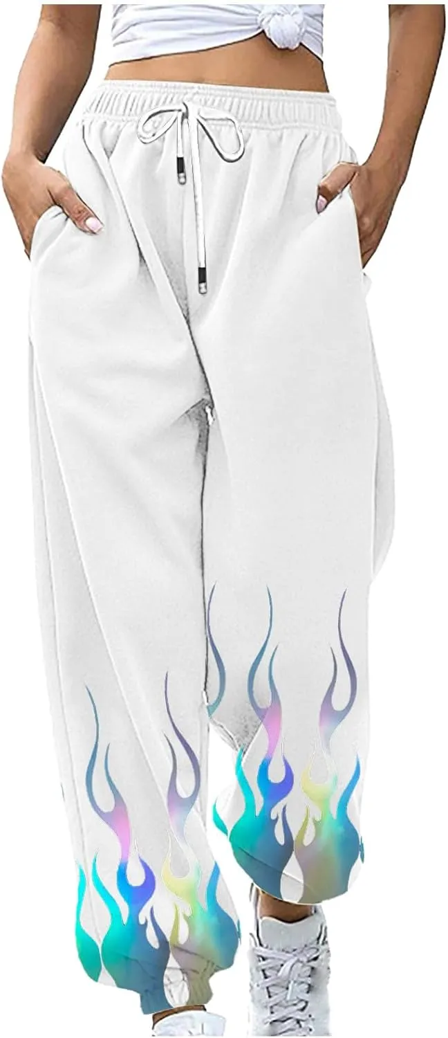 Athletic Pants Women Flame Printing Sweatpants Loose Trousers with Pockets High Waist Workout Running Jogger Pants