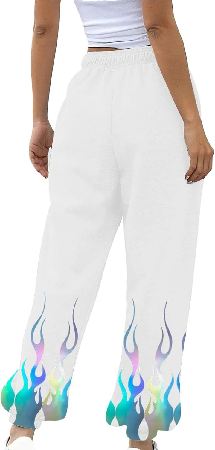 Athletic Pants Women Flame Printing Sweatpants Loose Trousers with Pockets High Waist Workout Running Jogger Pants