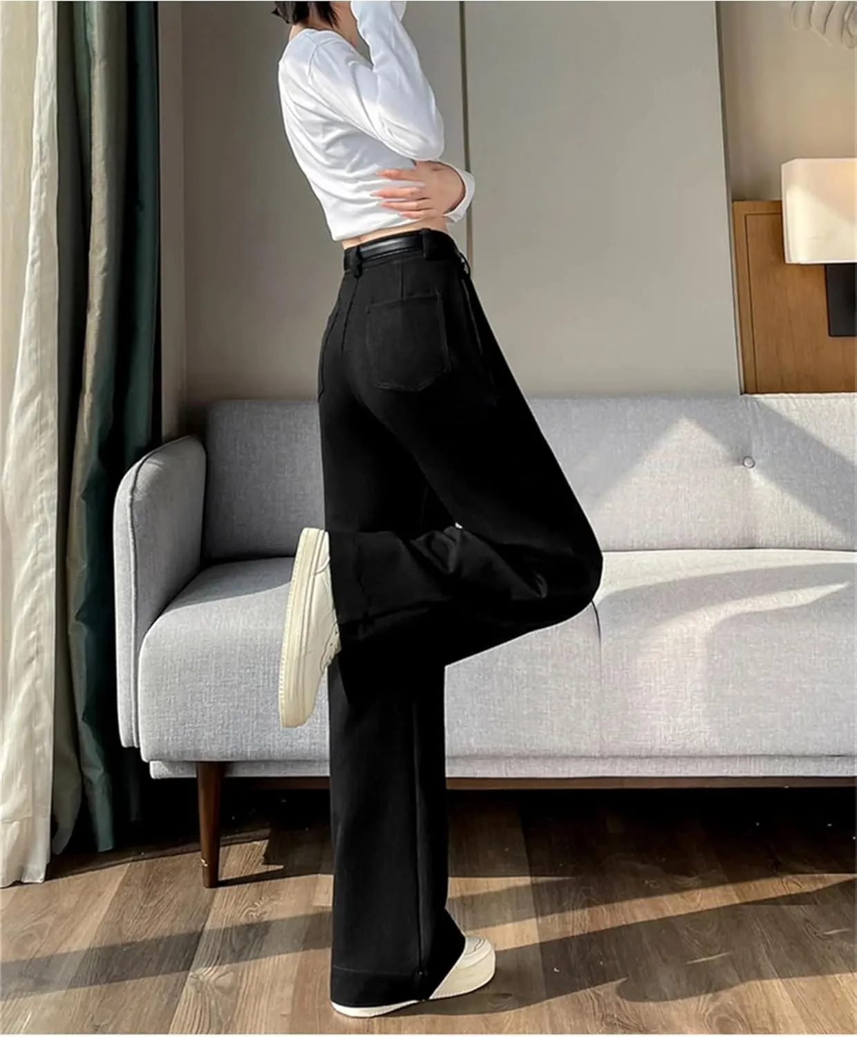 Autumn High Waist Simple Solid Color Straight Casual Suit Trousers Women Office Slim Chic Wide Leg Pants