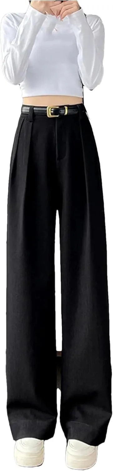 Autumn High Waist Simple Solid Color Straight Casual Suit Trousers Women Office Slim Chic Wide Leg Pants