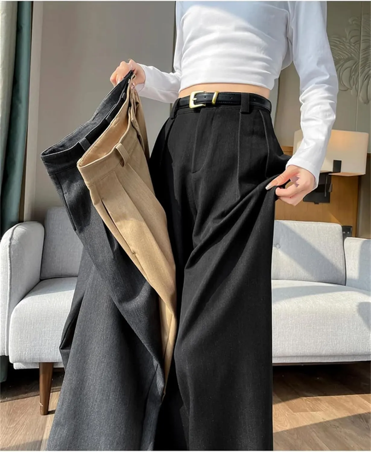 Autumn High Waist Simple Solid Color Straight Casual Suit Trousers Women Office Slim Chic Wide Leg Pants