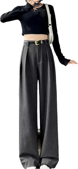 Autumn High Waist Simple Solid Color Straight Casual Suit Trousers Women Office Slim Chic Wide Leg Pants