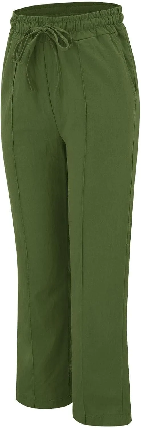 Baggy Linen Pants Women Drawstring High Waisted Straight Wide Leg Pants Lightweight Beach Trousers with Pockets