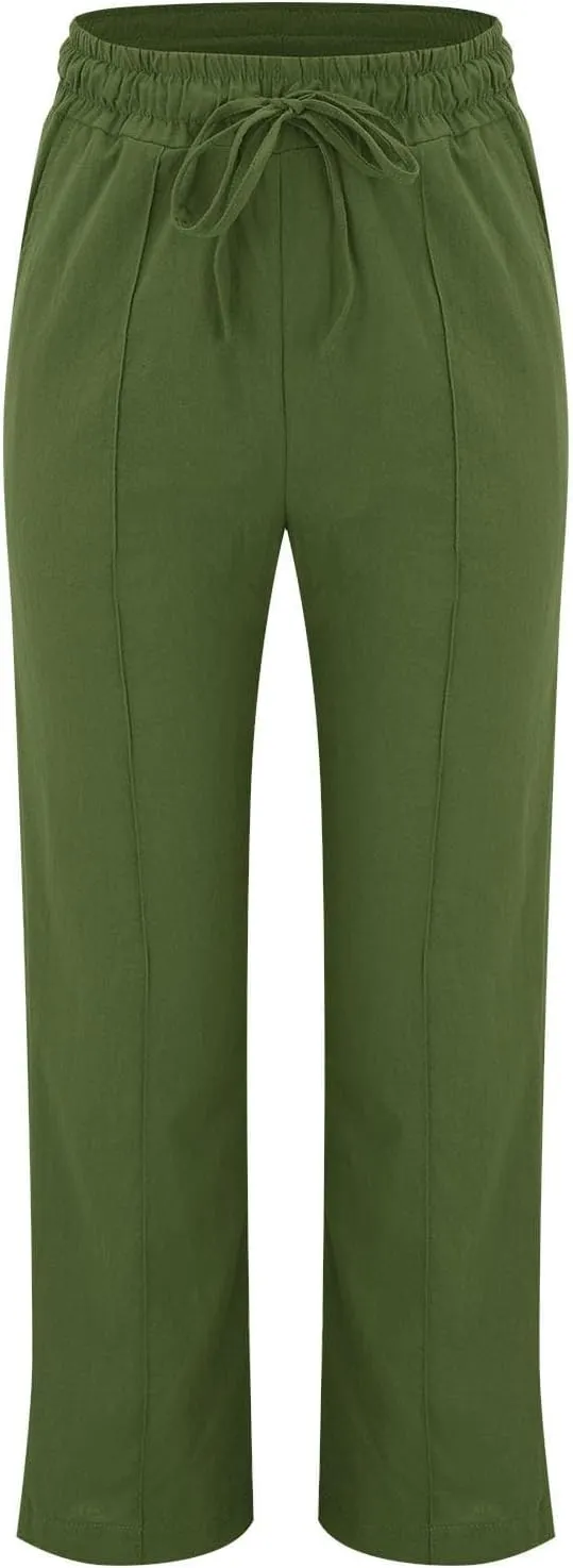 Baggy Linen Pants Women Drawstring High Waisted Straight Wide Leg Pants Lightweight Beach Trousers with Pockets