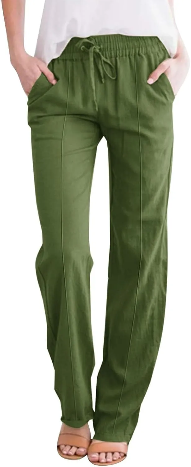 Baggy Linen Pants Women Drawstring High Waisted Straight Wide Leg Pants Lightweight Beach Trousers with Pockets