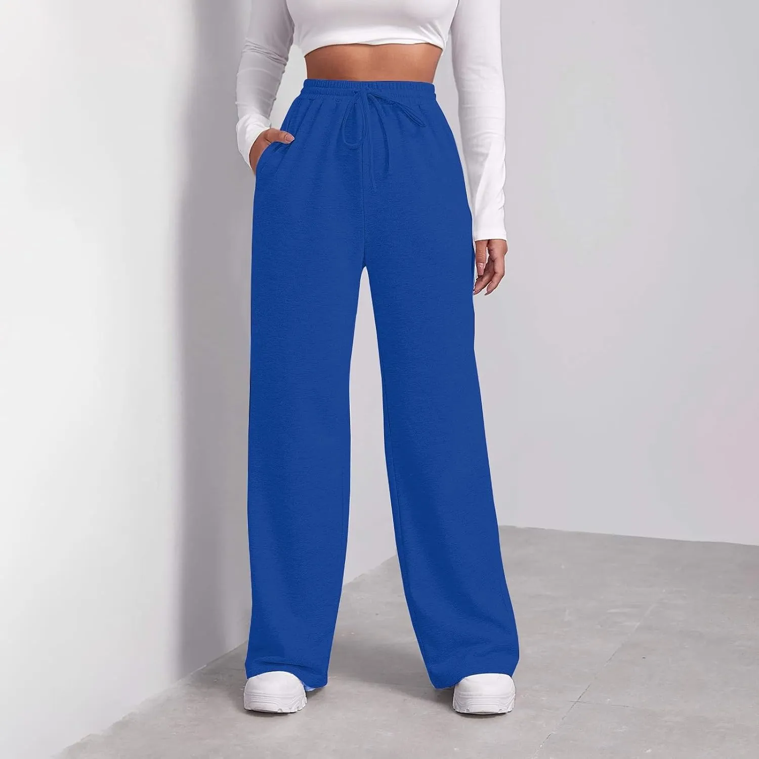 Baggy Wide Leg Sweatpants for Women Fleece Joggers with Pockets Comfy High Waist Lounge Pants Drawstring Sweat Pants