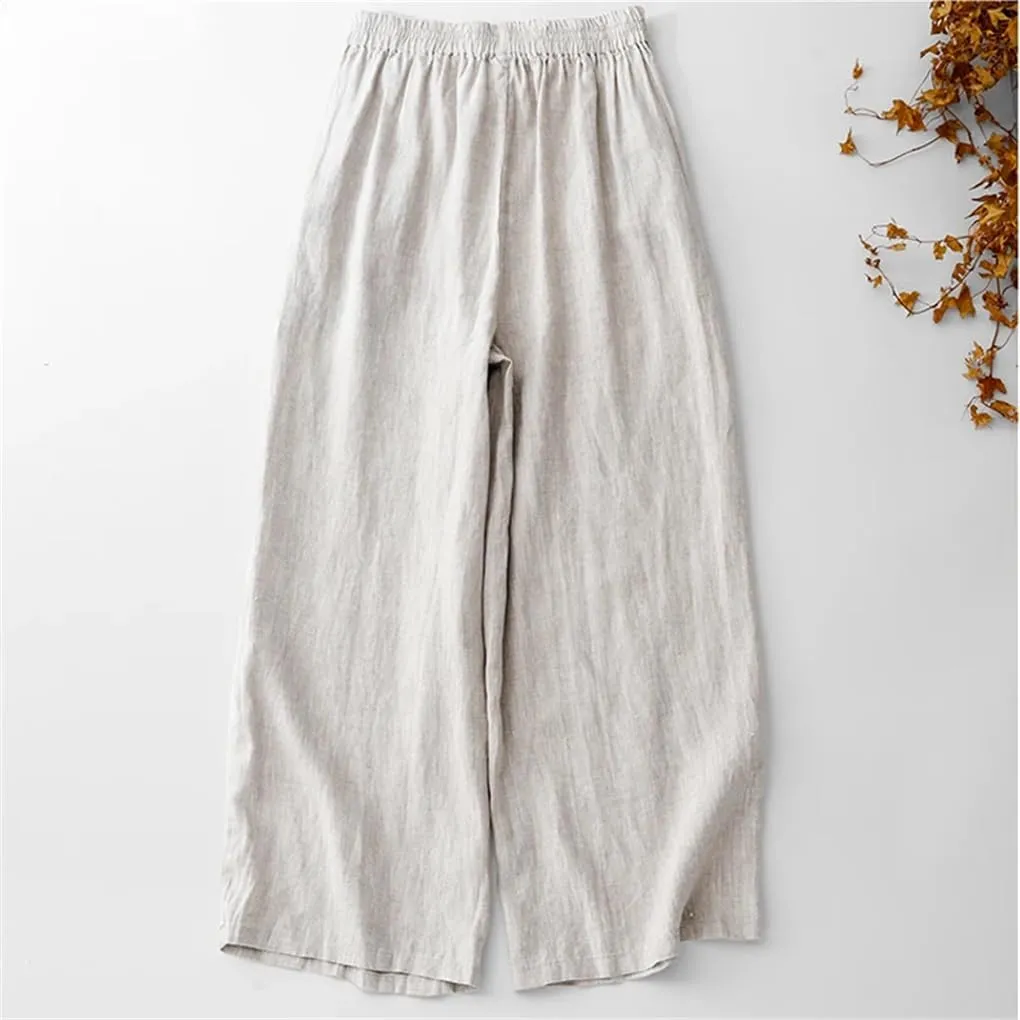 Bciopll Wowen's Solid Color Linen High Wide-Legged Pants Office Lady Summer Retro Loose Lace-Up Trouser