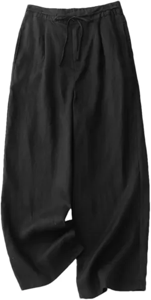 Bciopll Wowen's Solid Color Linen High Wide-Legged Pants Office Lady Summer Retro Loose Lace-Up Trouser