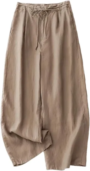 Bciopll Wowen's Solid Color Linen High Wide-Legged Pants Office Lady Summer Retro Loose Lace-Up Trouser