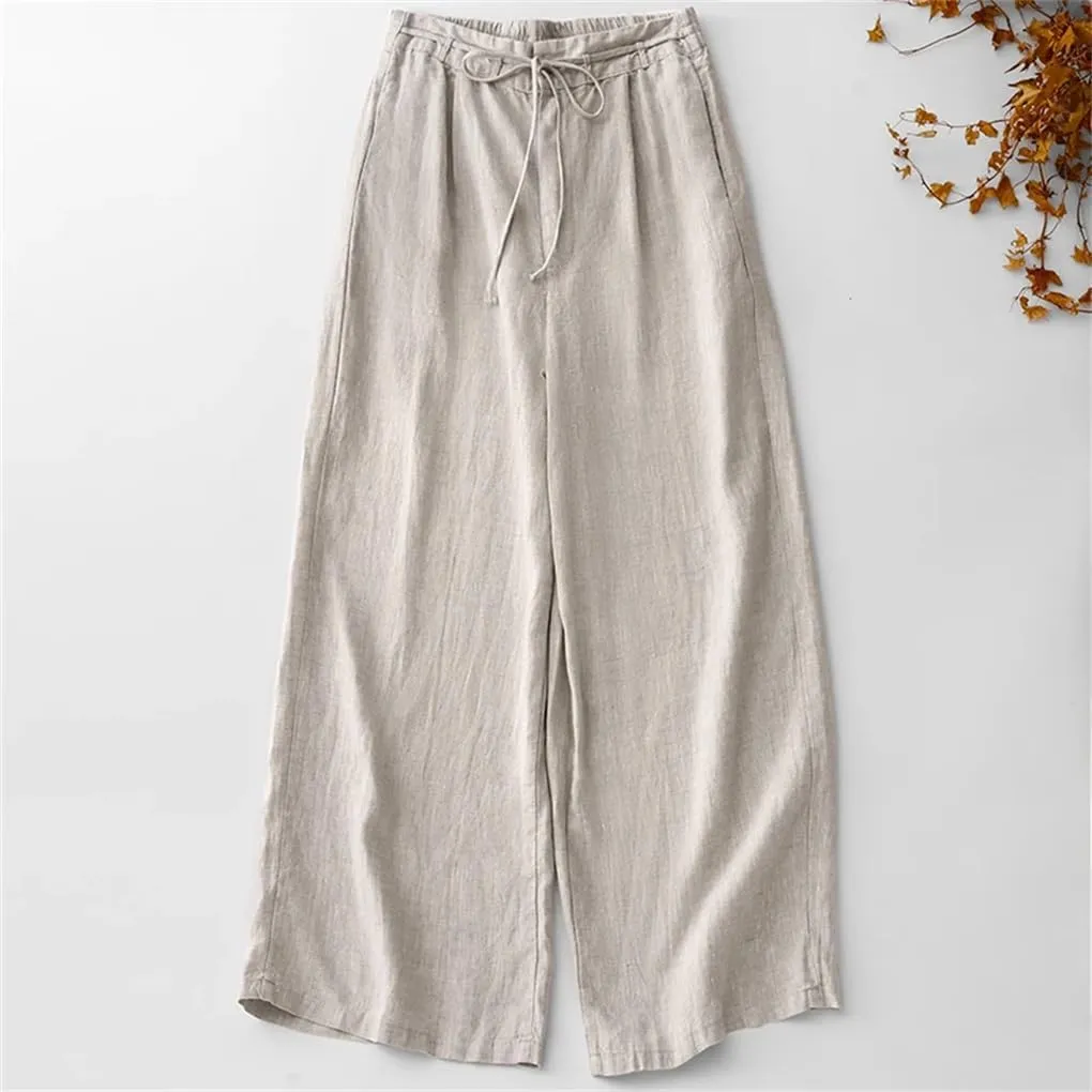 Bciopll Wowen's Solid Color Linen High Wide-Legged Pants Office Lady Summer Retro Loose Lace-Up Trouser