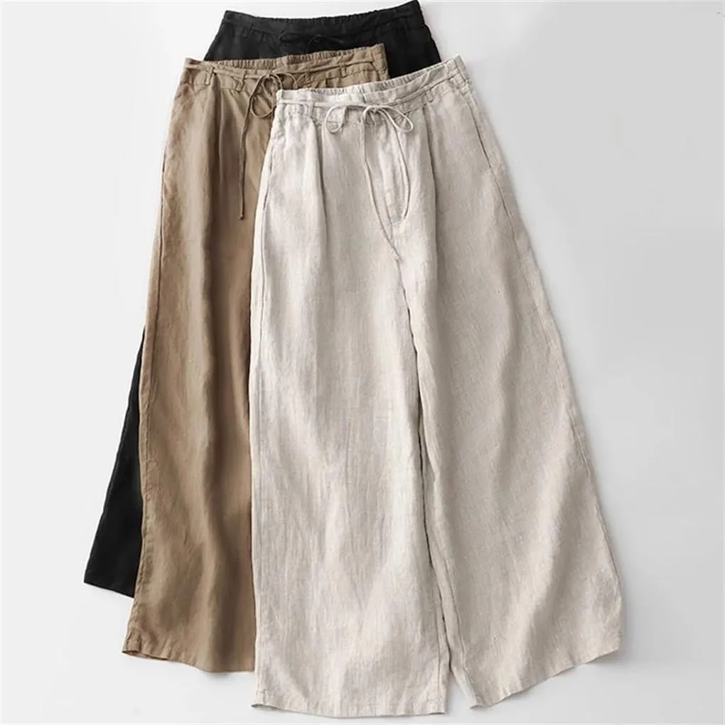 Bciopll Wowen's Solid Color Linen High Wide-Legged Pants Office Lady Summer Retro Loose Lace-Up Trouser