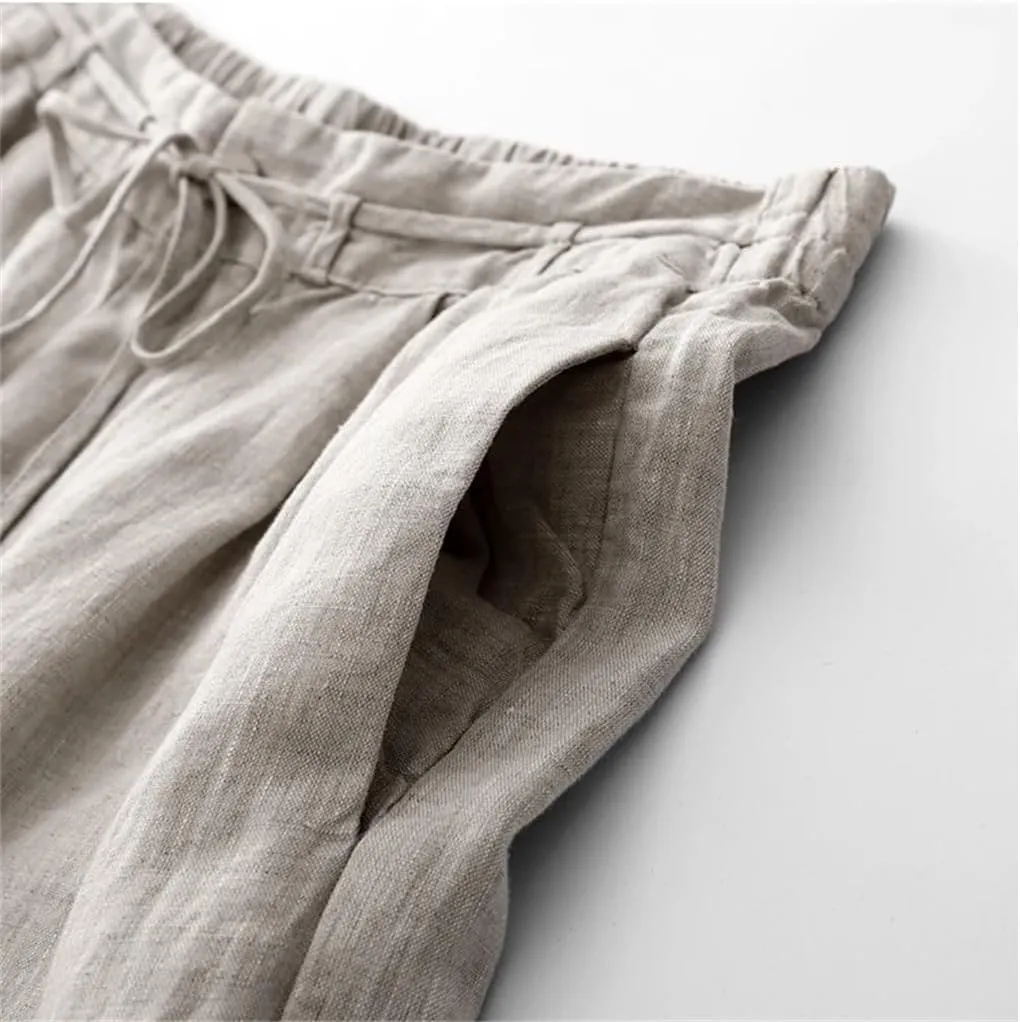 Bciopll Wowen's Solid Color Linen High Wide-Legged Pants Office Lady Summer Retro Loose Lace-Up Trouser