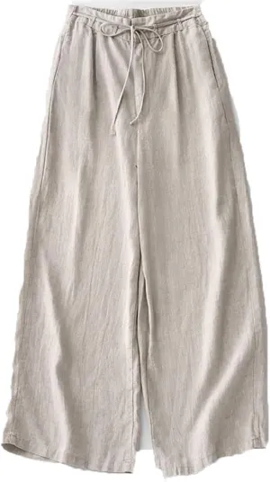 Bciopll Wowen's Solid Color Linen High Wide-Legged Pants Office Lady Summer Retro Loose Lace-Up Trouser