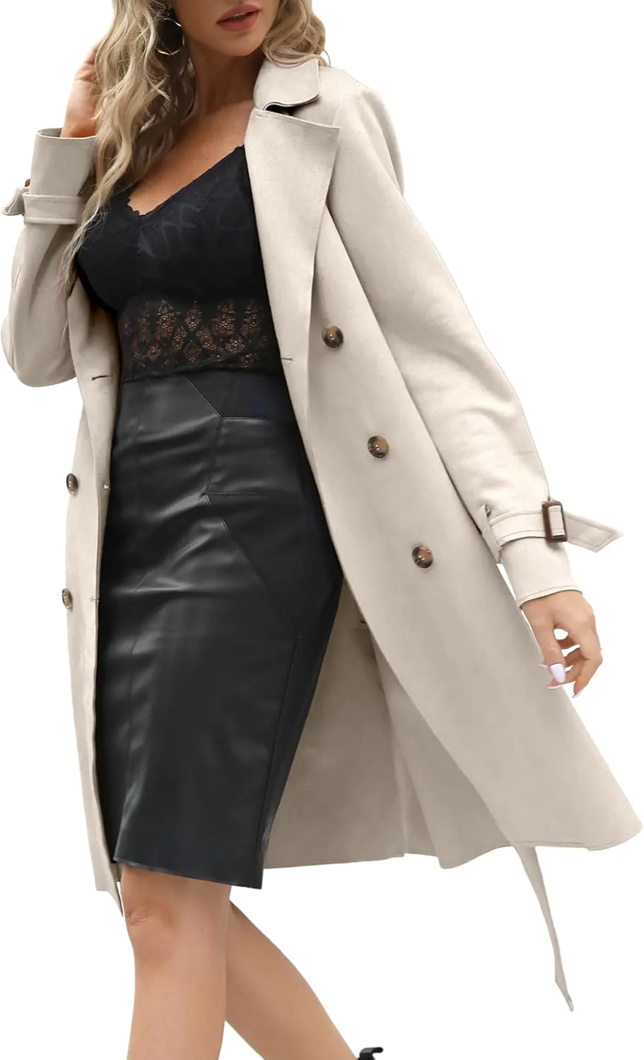 Bellivera Womens Faux Suede Leather Jacket Spring and Winter Fashion Long Trench Coat, Lightweight Windbreaker