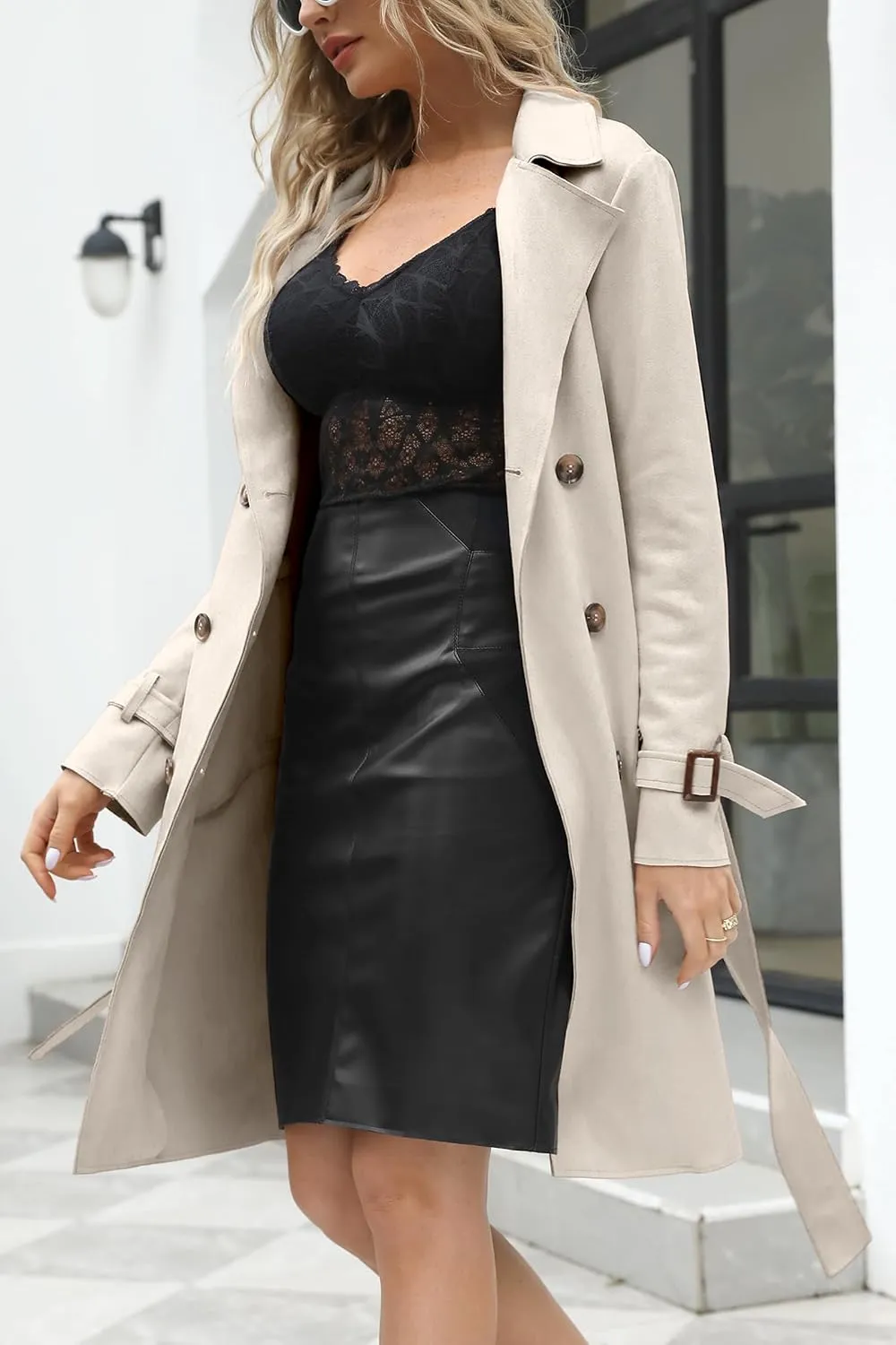 Bellivera Womens Faux Suede Leather Jacket Spring and Winter Fashion Long Trench Coat, Lightweight Windbreaker