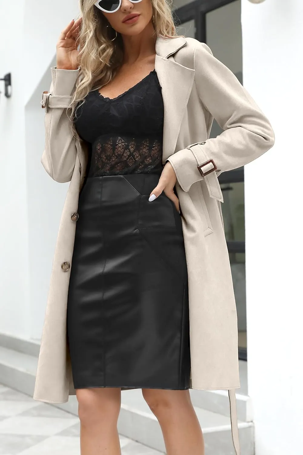 Bellivera Womens Faux Suede Leather Jacket Spring and Winter Fashion Long Trench Coat, Lightweight Windbreaker