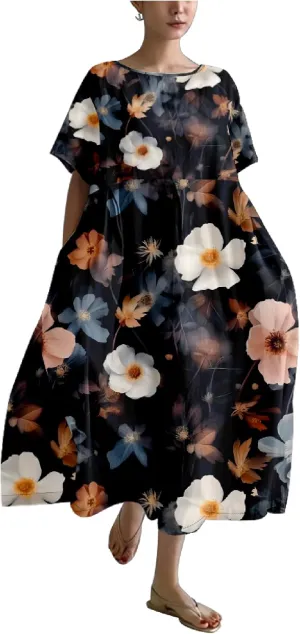 Bengbobar Boho Dresses for Women Flroal Maxi Dress Flowy Crew Neck Beach Art Dress Crewneck Linen Casua Summer Dresses