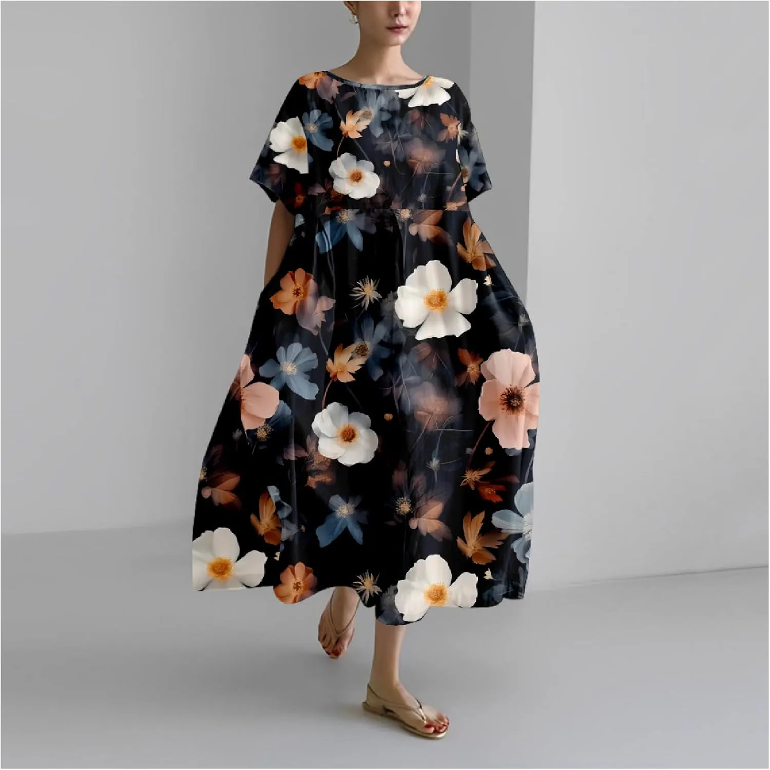 Bengbobar Boho Dresses for Women Flroal Maxi Dress Flowy Crew Neck Beach Art Dress Crewneck Linen Casua Summer Dresses