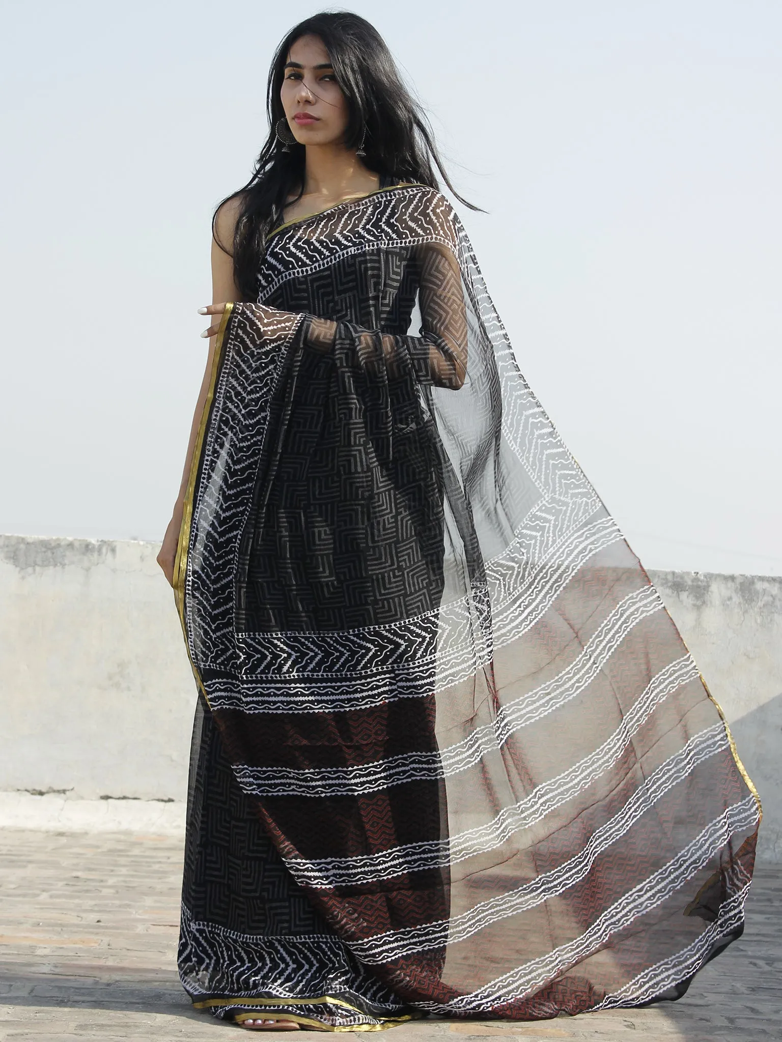 Black White Grey Maroon Hand Block Printed Chiffon Saree - S031702328