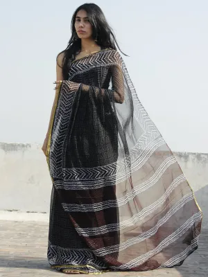 Black White Grey Maroon Hand Block Printed Chiffon Saree - S031702328