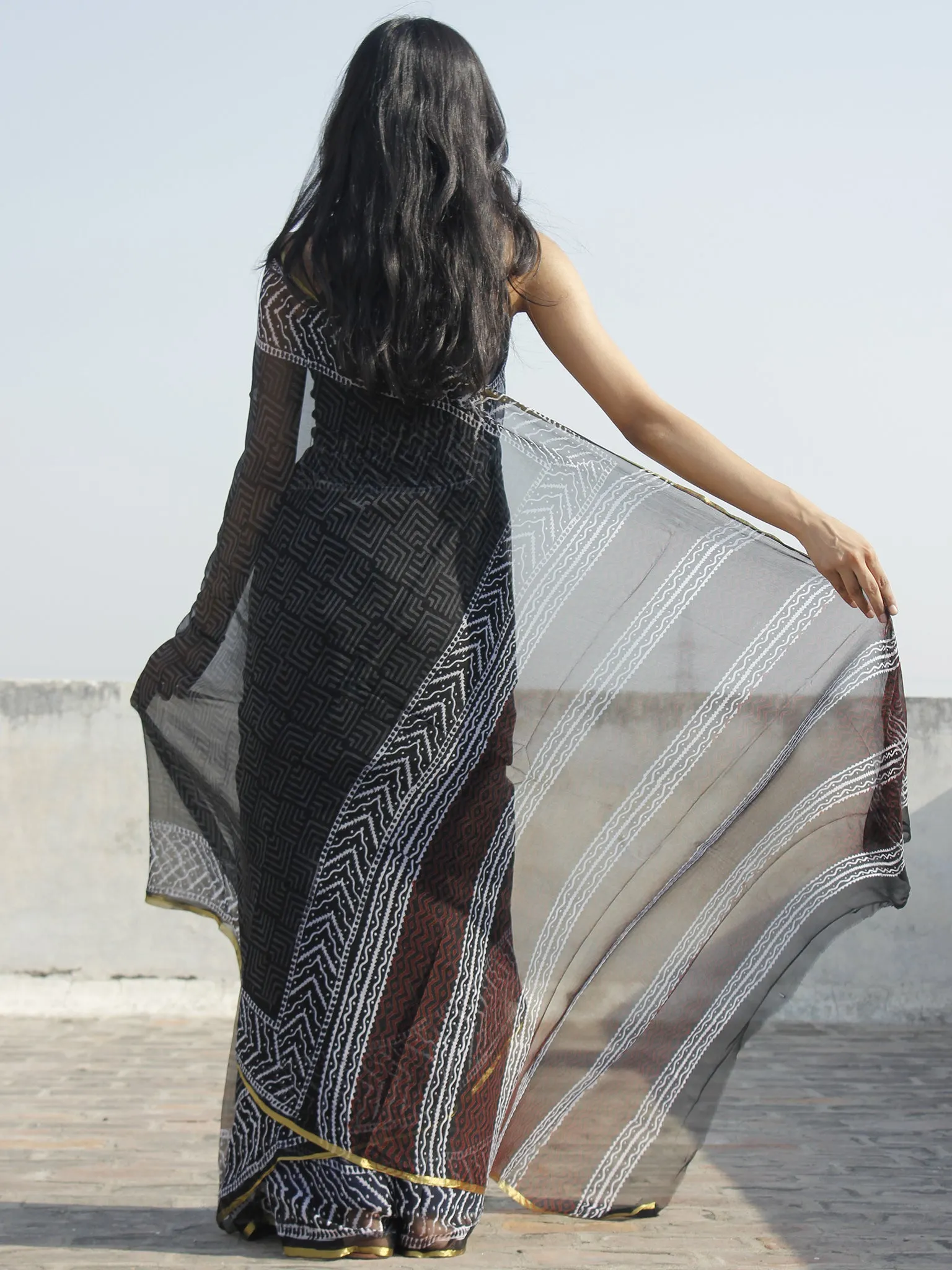 Black White Grey Maroon Hand Block Printed Chiffon Saree - S031702328